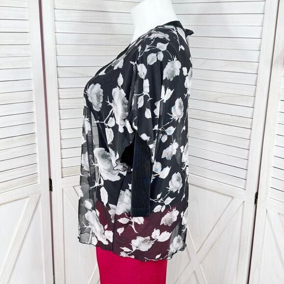 Inner Beauty Floral Sheer Mesh Kimono Topper Open Front Black White XL - Picture 2 of 11